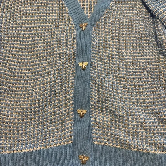 G by Giuliana Blue Plaid Cardigan with Bee Accents - Picture 3 of 6